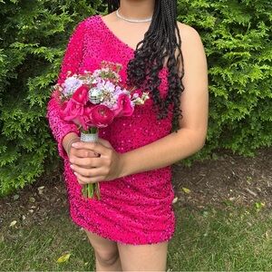 Sequin One-Shoulder Mini Dress in Fuchsia